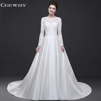 

CEEWHY White Evening Dress Long Sleeve Lace Evening Dresses Open Back Prom Dresses 2019 Satin Evening Gown Robe de Soiree