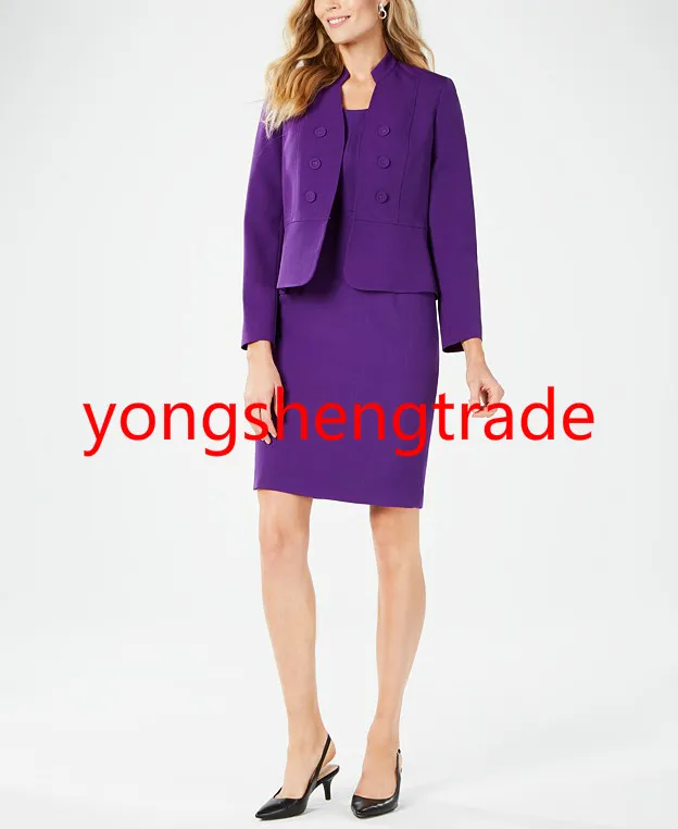

Brand Women Business Suit Custom Made Purple Skirt Suit Stand Collar Jacket And Sheath Dress