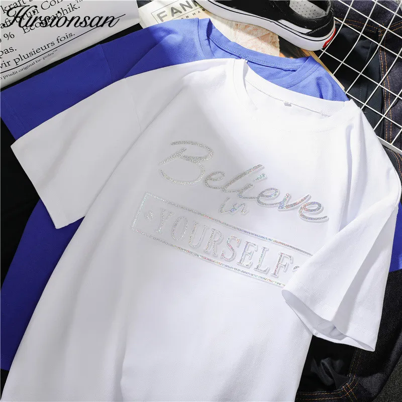 

Hirsionsan Short Sleeve Tshirt Women Casual Letters Sequined Korean Blue White Tee Shirt 2019 Summer Harajuku Cotton Tops Tees
