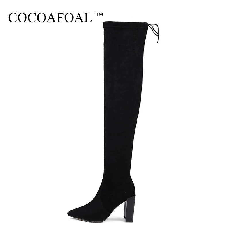 

COCOAFOAL Genuine Leather Thigh Lace Up High Boots Women Black High Heeled Boots Winter Fashion Pointed Toe Over The Knee Boots
