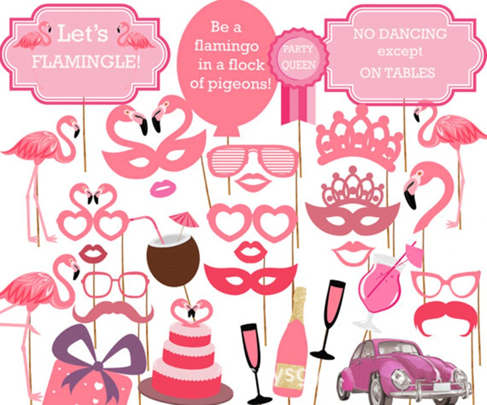 

New Pink Flamingo Papercard Photo booth props Kit on A Stick for Baby Shower Wedding Birthday Summer Party