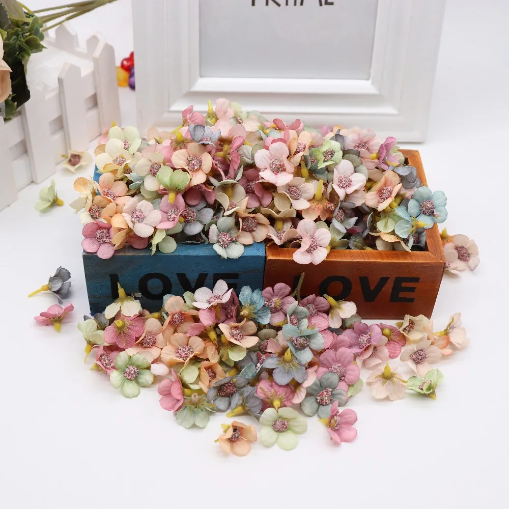 50 шт., 2 см, многоцветные Искусственные цветы с ромашками, мини шелковые цветы для венка, скрапбукинга, украшения для дома, свадьбы