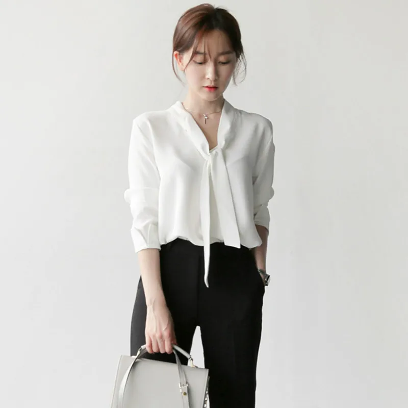 nvyou gou White V Neck Chiffon Blouse Long Sleeve With Bow Tie Summer Office Lady Casual Solid Shirt Elegant Top Women Plus Size Blouses