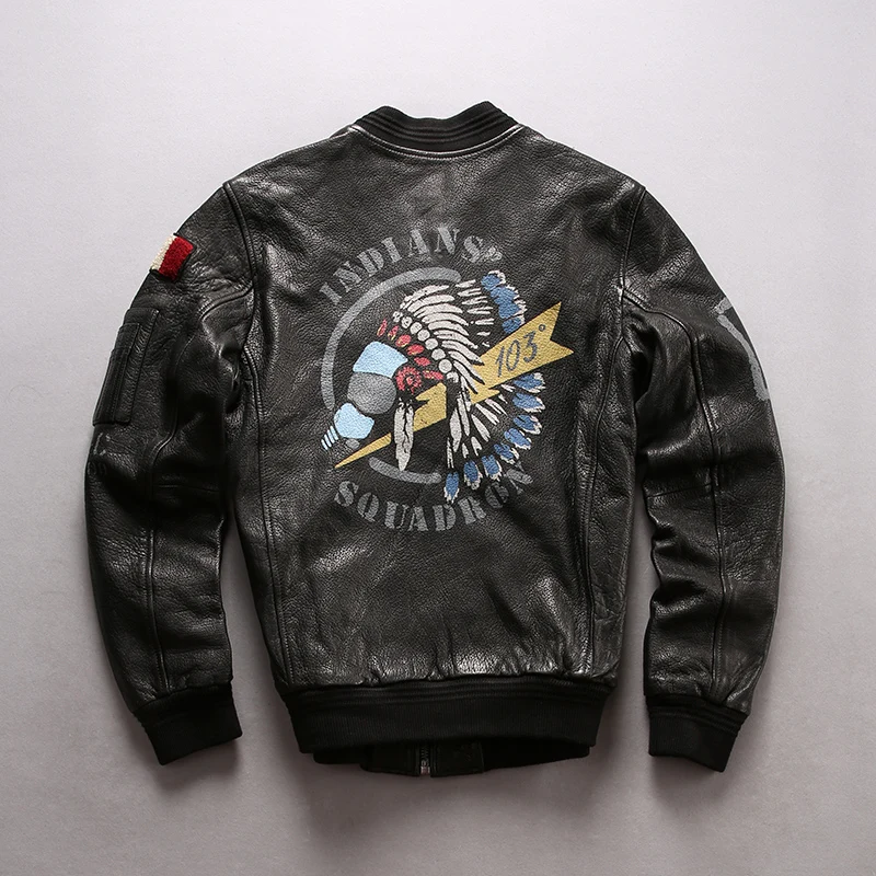 Seller 22067 Read Description! Asian size men's sheep leather jacket mens genuine sheep leather vintage printing bomber jacket