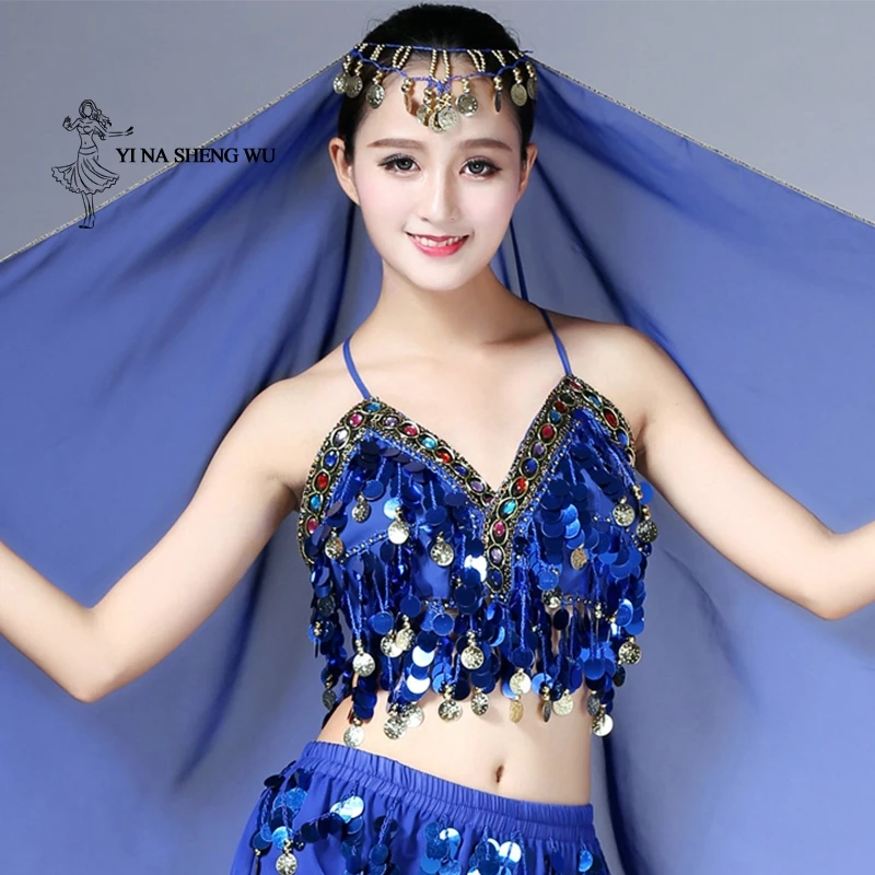 Belly Dance Twinkling Women Sequin Sexy Beaded Fringe Belly Dance Top Bra Sexy Hanging Coin Bollywood Oriental Dance Tops Newest