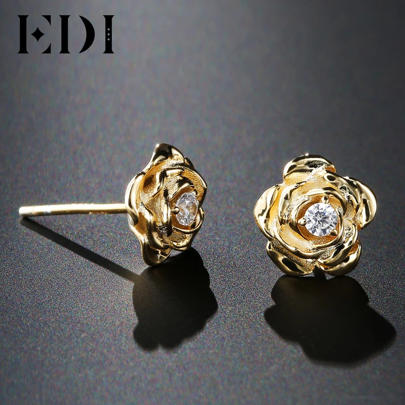 EDI Genuine Natural Diamond 14k 585 Yellow Gold Stud Earrings For Women Rose Flower Fine Jewelry