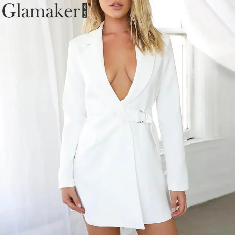 Glamaker, белый пояс, v-образный вырез, женские блейзеры и куртки, осень, однотонный, для офиса, леди, длинный рукав, Повседневный Кардиган, зубчатый, элегантный Блейзер