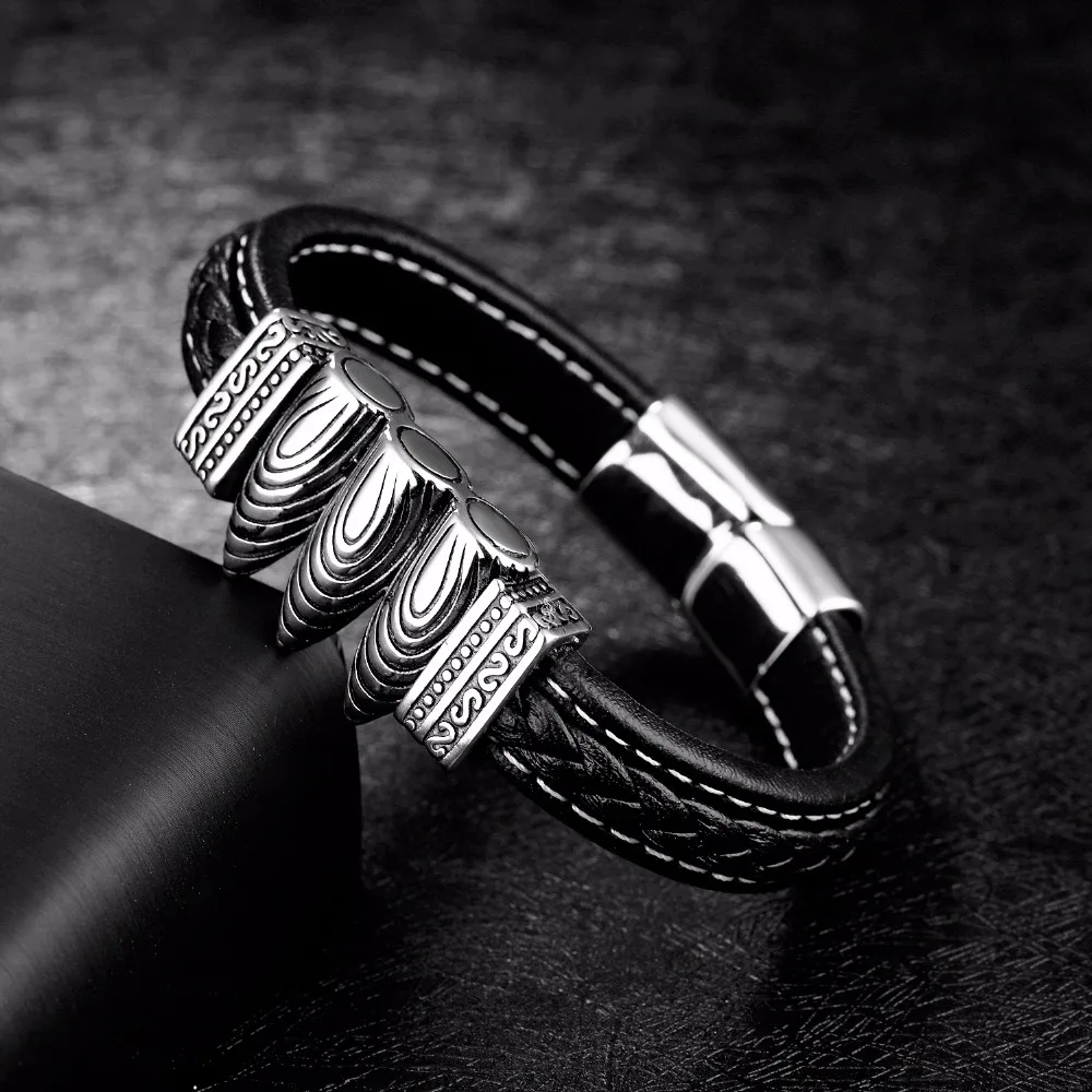 Fate Love Vintage Black Leather Bracelet Three Fancy Bullets Design Bracelet Men Punk Wristband Magnet Male Charm Jewelry FL1235