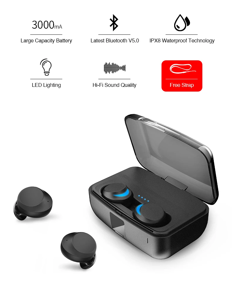 IPX8 Waterproof Mini Bluetooth Earphones with Mic Bluetooth Wireless Sports Headphones Noise Cancelling Headset and charging box (2)