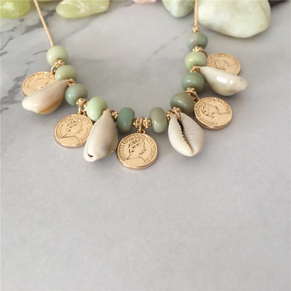 

CHIC WOMEN NECKLACE GOLD COLOR PLATING NATURAL SHELL AND COIN CHARM STRAND SNAKE CHAIN NECKLACE