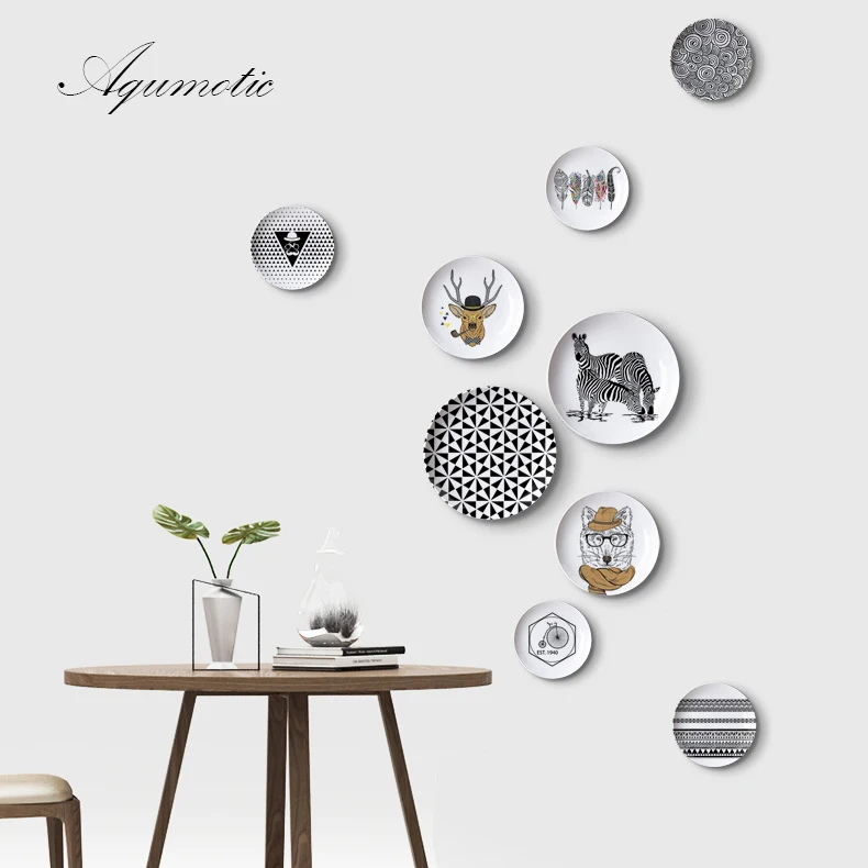 Aqumotic декоративные тарелки для настенных подвесных скандинавских керамических тарелок, 1 шт., отправка крючка, черно-белая сетка, рисунок животных, 12 видов стилей