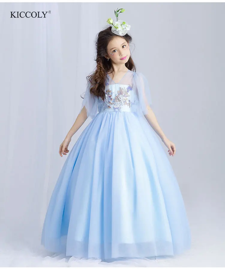 

Blue Petites Filles Robes Princess Lace Flower Girl Dresses 2018 Tulle Embroidered Girls Peagant Dresses First Communion Dresses