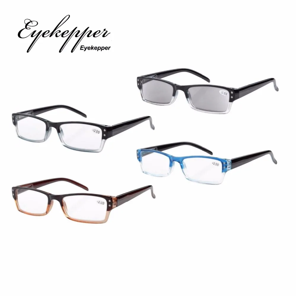 

R012 Eyekepper 4-pack Spring Hinges Rectangular Reading Glasses Includes Sun Readers +1.0/1.25/1.5/1.75/2/2.25/2.5/2.75/3/3.5/4