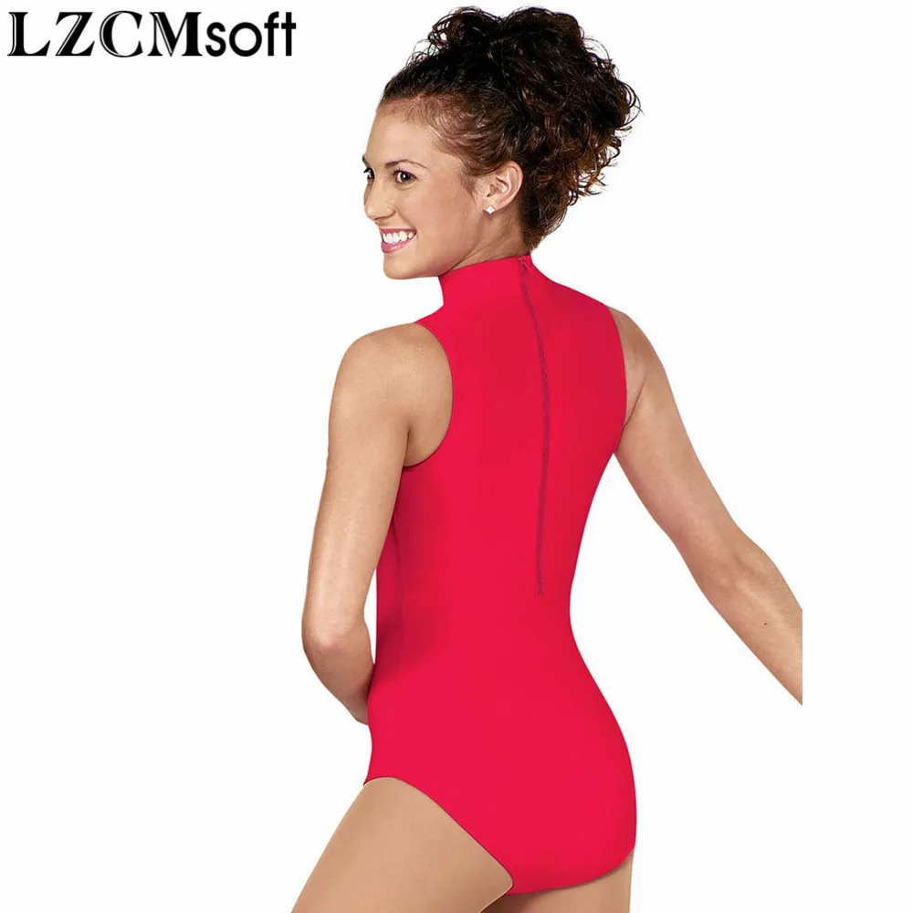 LZCMsoft Для Взрослых Лайкра высокий макет шеи майка трико для женщин эластичный черный без рукавов балетные танцевальные боди Повседневная одежда молния сзади - Цвет: Red