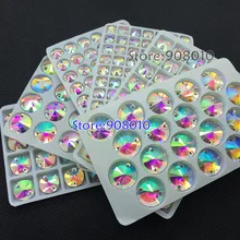 TopStone кристально чистый AB Rivoli пришивной камень с плоской задней частью 2 отверстия 8,10, 12,14, 16,18 мм круглые стеклянные швейные хрустальные бусины для изготовления платьев