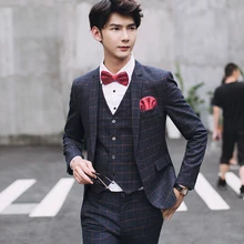 Мужской костюм из 2 или 3 предметов, Повседневная мода, корейский Тонкий костюм жениха, свадебное платье, Осенний Тонкий плед