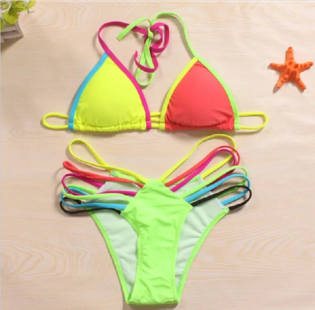 2016 Neon Bandage Bikini Bright Color sexy Bikini Push Up Swimwear Hot