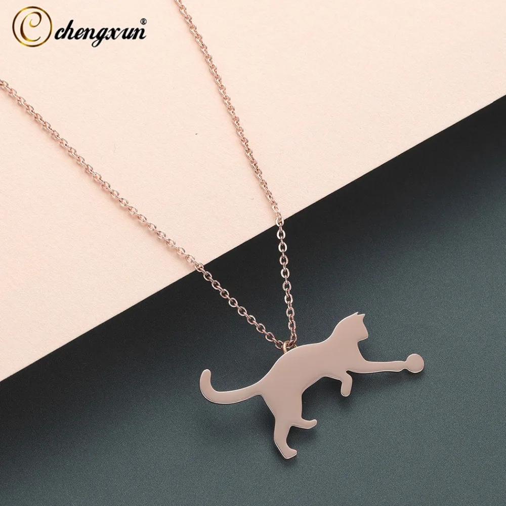 

CHENGXUN Lovely Cat Kitty Chasing Stainless Steel Mental for Women Men Cute Necklace Jewelry Unique Best Gift