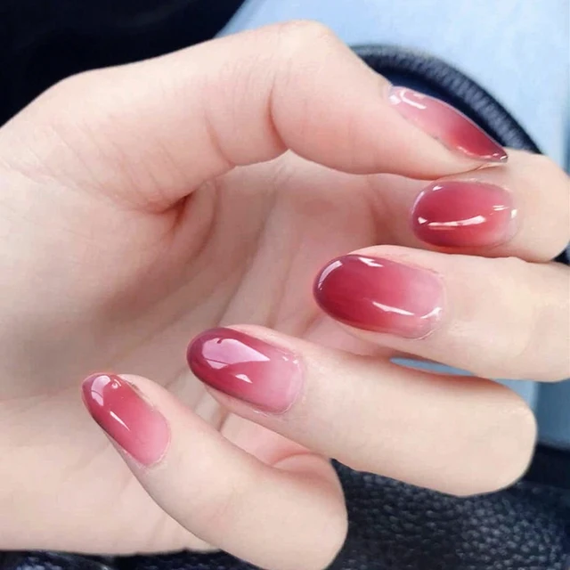 24PCS/set Gouache gradient gentle morandi grey false nails,Small round head Middle-long full nail tips lady art tool bride