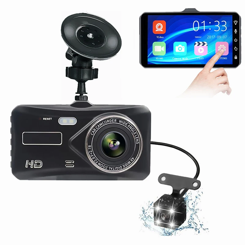 Dash Cam Full HD 1080P 4 inch Screen IPS Car DVR Vehicle Camera Front+Rear Night Vision Video Recorder G-sensor Parking Mode WDR