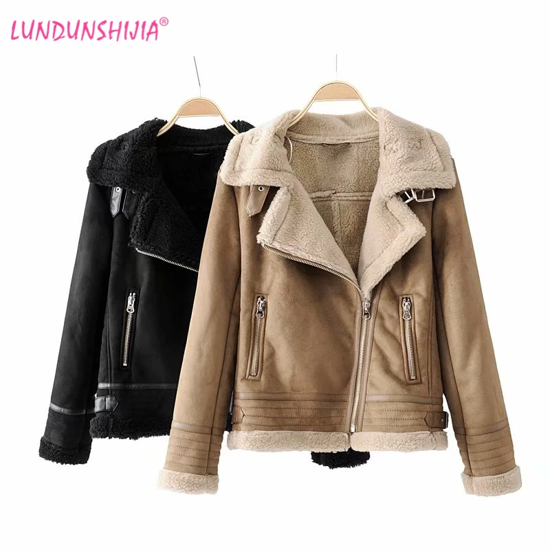

LUNDUNSHIJIA 2018 Winter High -Quality Jacket Women's Suede Lamb Keep Warm Wool Motorcyclepels Coat Female Thicker Jacket