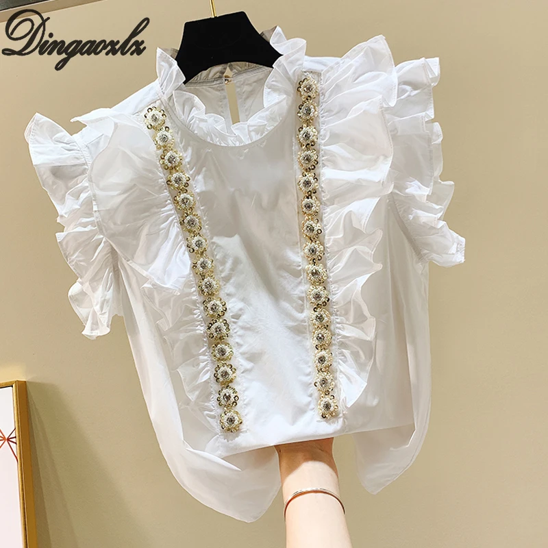 Dingaozlz/белая рубашка с коротким рукавом; Милая женская одежда с листьями лотоса; шифоновая блузка с воротником и жемчужинами; топы; roupas feminina