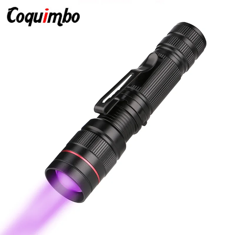 

UV Flashlight Ultra Violet Light Zoomable LED Flashlight UV Lantern Backlight Pet Urine Stain Detector Scorpion AA/14500 Battery