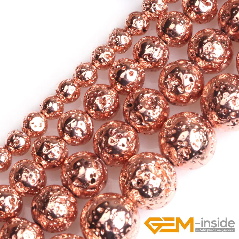 

Selectable size: 4mm-12mm Rose Gold/Gold Color Metallic Coated Round Volcanic Rock Stone Beads For Jewelry Making Strand 15" New