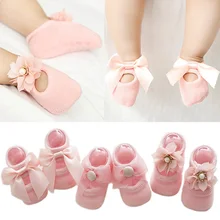 3 пары/партия, кружевные носки для новорожденных с цветочным принтом хлопковые нескользящие детские носки-тапочки носки с бантом для маленьких девочек Лето-Осень