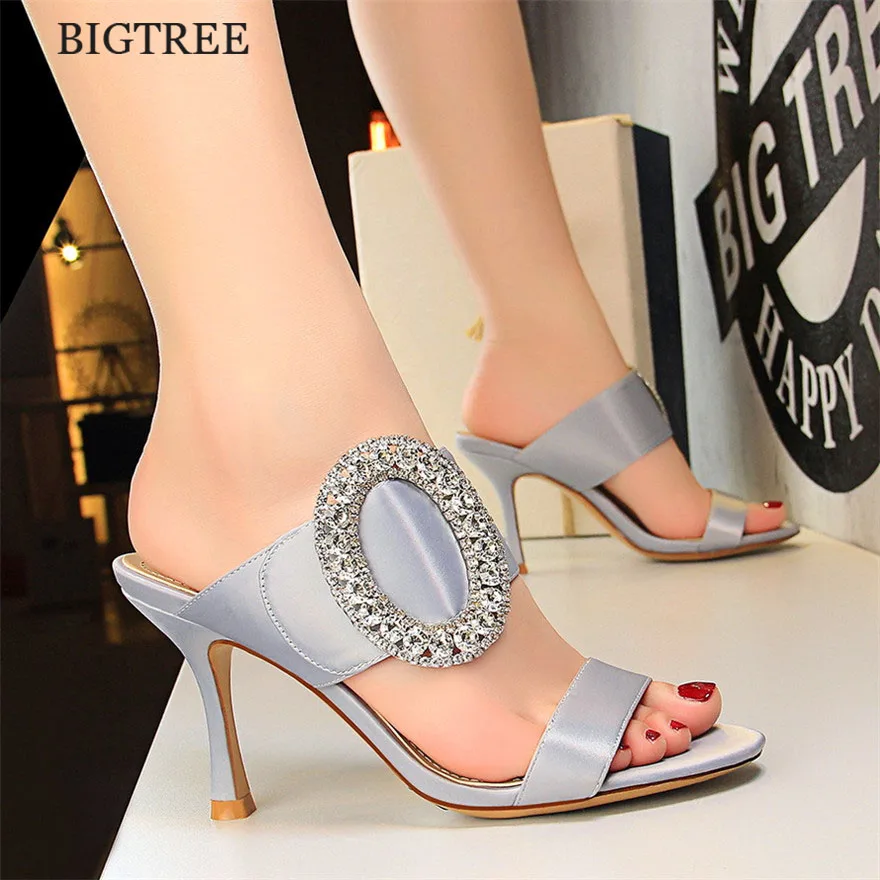

2019 Big Crystal Buckle Fashion Women's Slippers Open Toe Soft Silk Platform Sexy Party Shoes High Heels Women Outdoor Slippers