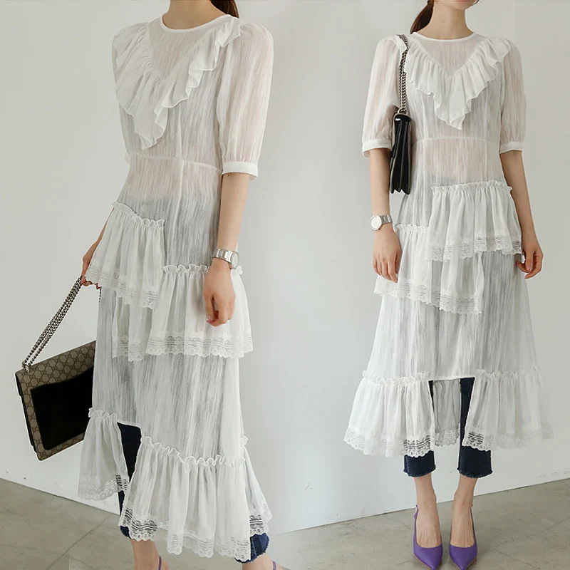 

2019 Summer Korean Version of New Lotus Leaf Edge White Lace Dress Elegant Women Dress Chiffon Lace High Street Ruffles Dress