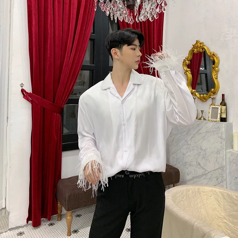 

Men Casual Hair Long Sleeve Shirts Male Harajuku Streetwear Vintage Loose White Black Dress Shirts Men Spring Summer Clothes