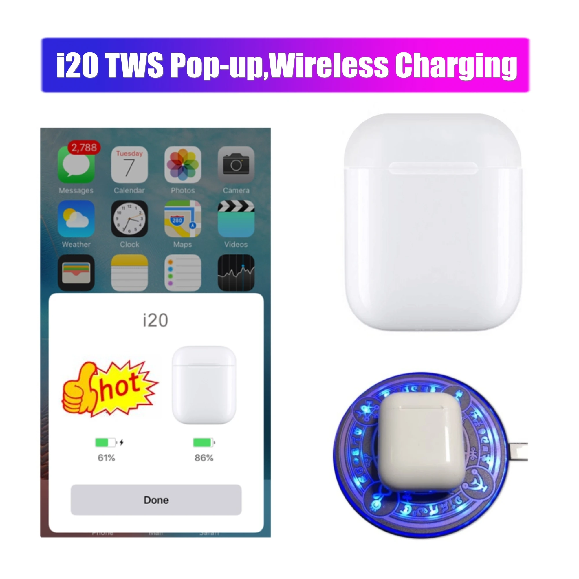 

i20 TWS Pop up Touch function wrieless charging Bluetooth 5.0 Earphone 4D Bass Sound headset PK W1chip i10 i12 i13 i15 i30 tws