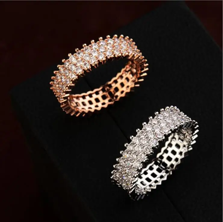 

LZX Brand Classic Design 3 Row Crystal Men Ring Rose/White Gold Color Cubic Zriconia Wedding Rings For Women Jewelry Bague Femme