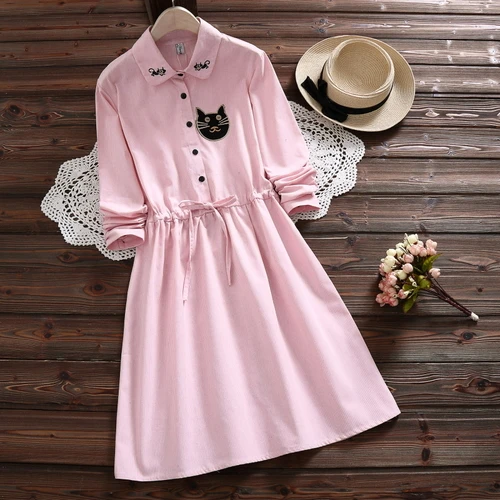 MSSNNG 2018 Spring Autumn Women Cat embroidery Dress Casual Trun-down Neck Long Sleeve Elastic Waist Dresses Dropshipping (6)