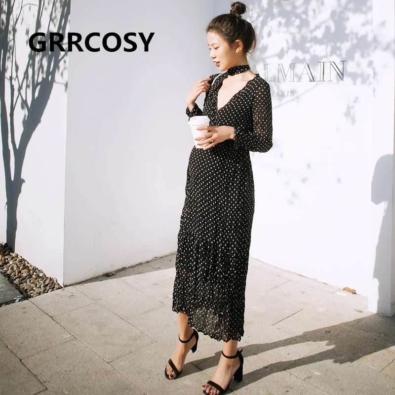 

GRRCOSY White Black Dot Maternity Pregnancy Long Dress Chiffon Pleated Full Sleeve V Breast-feed Dress For Pregnant Women Belt