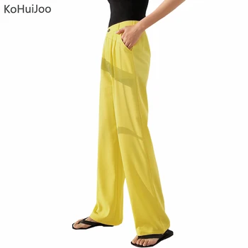 

KoHuiJoo Summer High Waist Wide Leg Pants Women Slim Solid Loose Ladies Casual Trousers Female Workwear Trousers Yellow