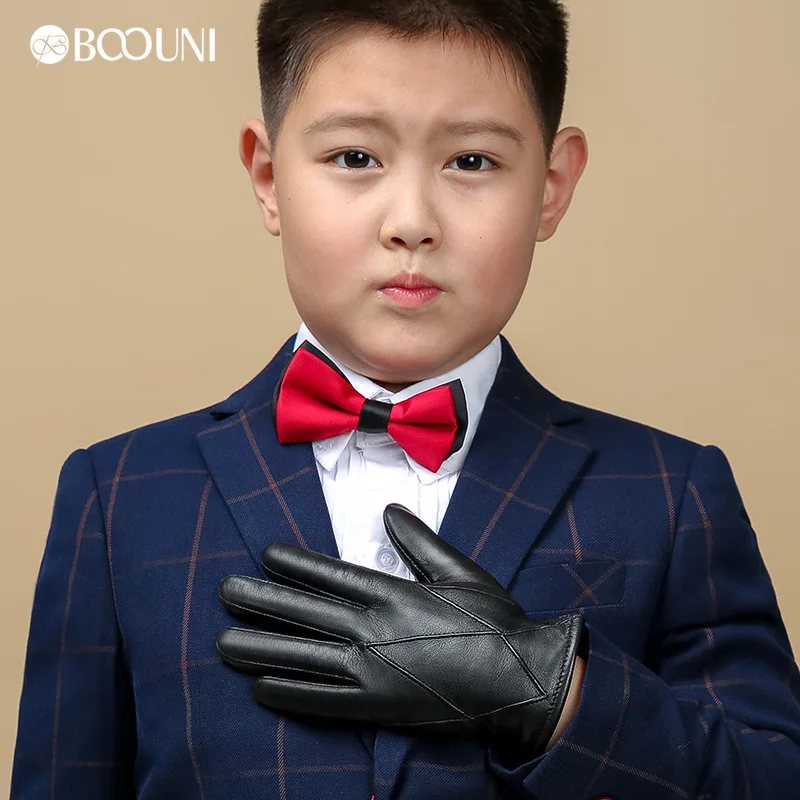 BOOUNI Genuine Leather Children Gloves Five Fingers Autumn Winter Warm Velvet Lined Kids Boys Sheepskin Gloves NM964