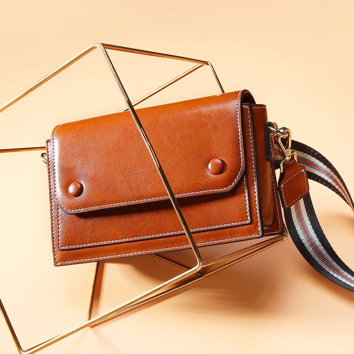 

Genuine Leather Woman Cross-body Bag Color Matching Messenger Bag Wide Single Shoulder Straps Satchel Small Square Haversack