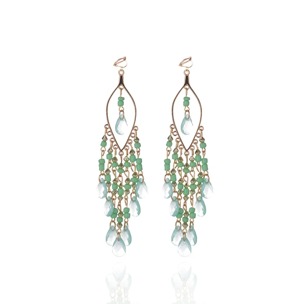 Ethnic Bohemia Beads Clip On Earrings Fashion Hanging no pierced Earrings Tassel Resin Vintage Ethnic Jewelry Gift For Women ear clip earrings clip earrings ear clip