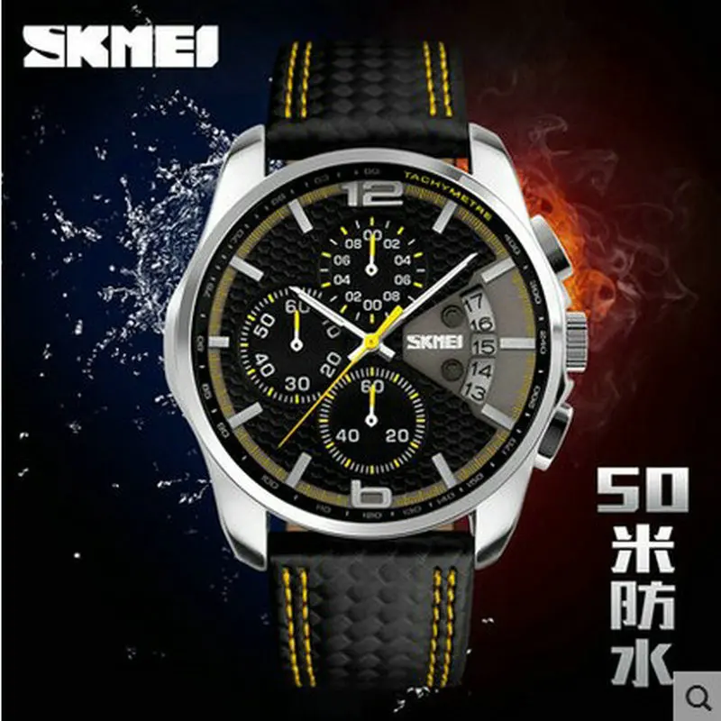 Skmei fashion classic business and leisure men waterproof leather multi function Stop Watch Watch calendar pointe