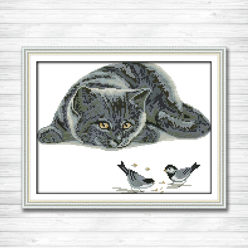 

The curious cat and birds decor painting counted printed on canvas DMC 14CT 11CT DMS Cross Stitch Embroider kits Needlework Sets