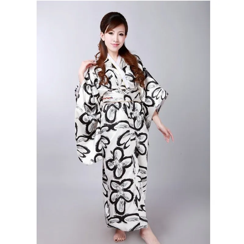 

Free Shipping Black white Vintage Japanese Women's Silk Satin Kimono Mujeres Quimono Yukata Evening Dress Flower One Size
