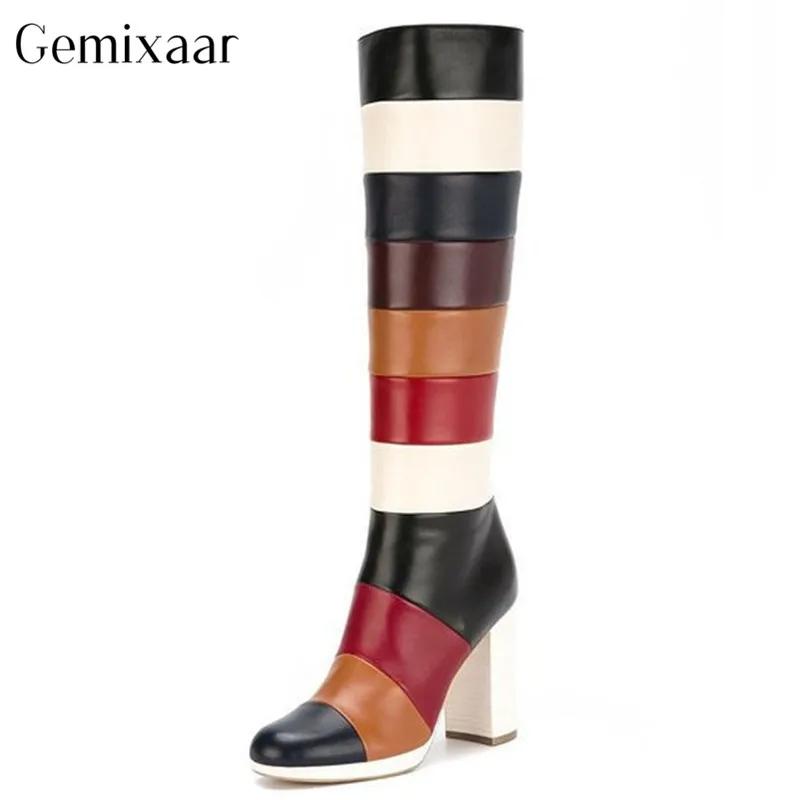 

Rainbow Boots Shoes Women Round Toe Knee-high Chunky Square Heel Botas Classic Colorful High Boots Over The Knee Botas Women 42