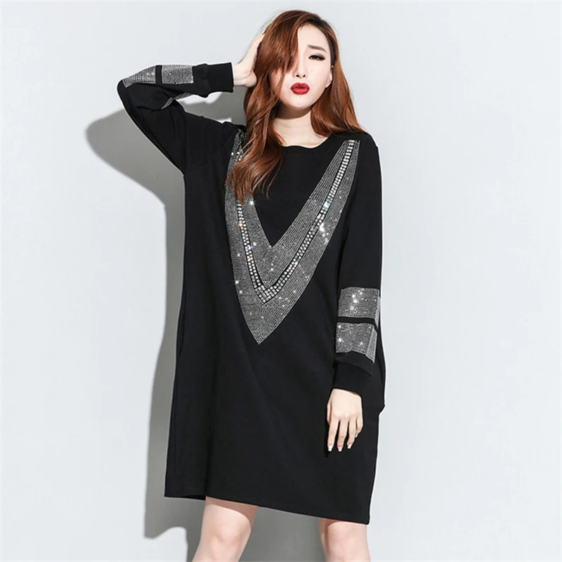

[XITAO] 2016 autumn Europe fashion women O-Neck loose black dress casual female long sleeve straight above knee dress ZA004