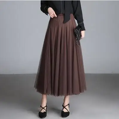 

DANCING WINGS Spring Summer High Waist Adult Women Pleated Maxi Tulle Skirts Elegant Big Swing