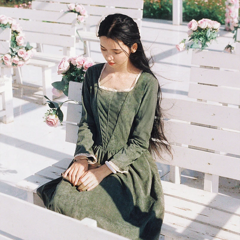 

Spring Autumn Dresses Women Vintage Palace Retro Style Long Sleeve Lace Casual Suede Blackish Green Long Dress vestidos mujer