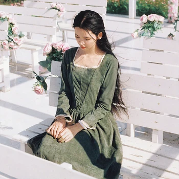 

Spring Autumn Dresses Women Vintage Palace Retro Style Long Sleeve Lace Casual Suede Blackish Green Long Dress vestidos mujer