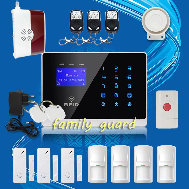 Free Shipping!Wireless GSM SMS TEXT RFID Touch Keypad Alarm System Gas Sensor+ Panic Button Touch Screen High Quality