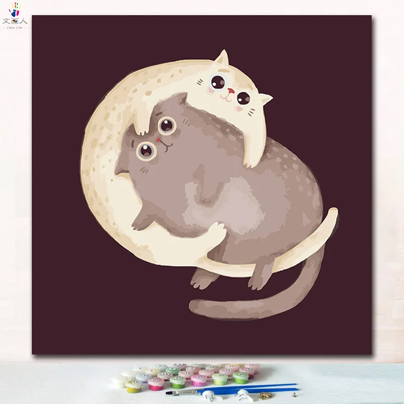 

Two lover cats painting pictures by the number with paint colors animals cats canvas drawing numbers in colors for children